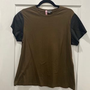 Vince brown(ish) tee with black lamb leather shirt sleeves.